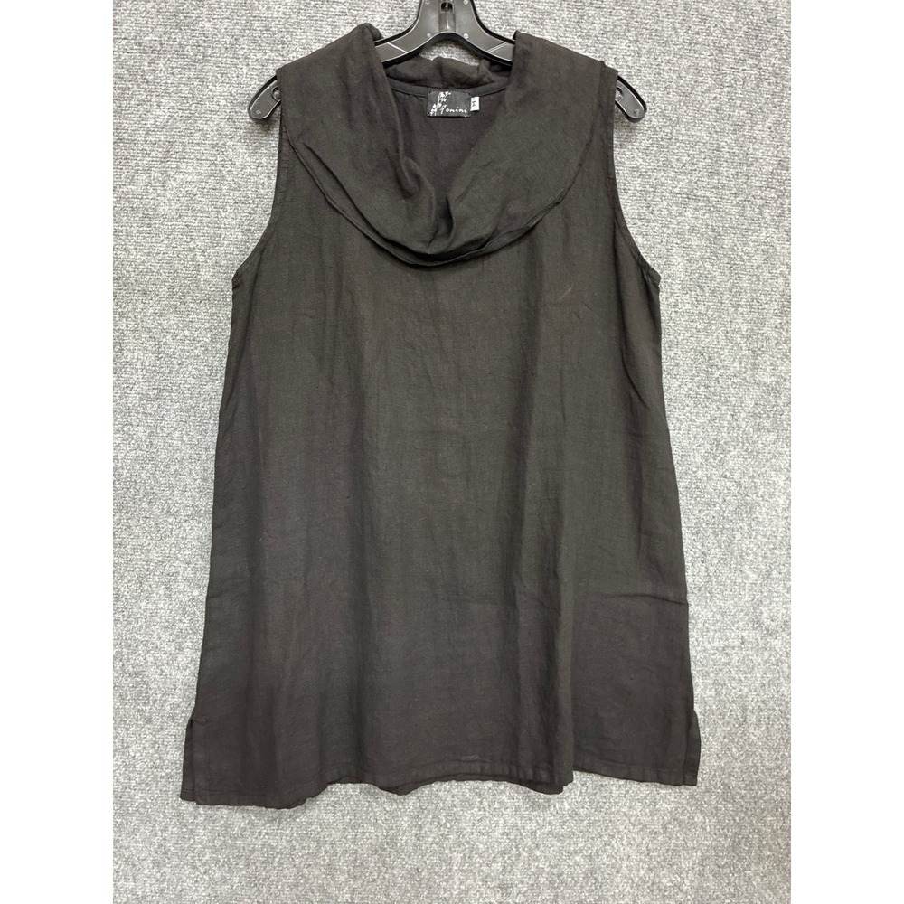 Fenini Black 100% Linen Cowl Neck Sleeveless Tunic Top Made in USA M C40405